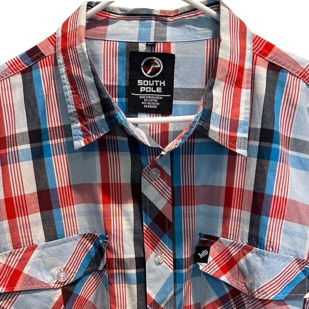 Southpole Plaid Button Down Shirt 4XL Mens Red Blue Short Sleeve Casual Y2K